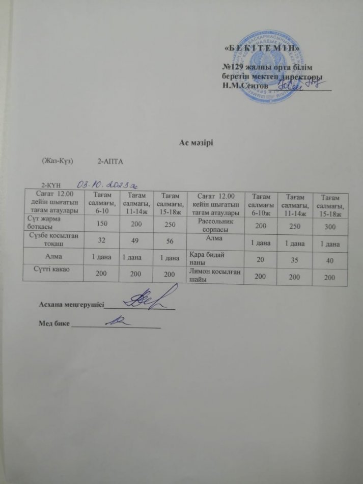 Асхана мәзірі 03.10.2023ж