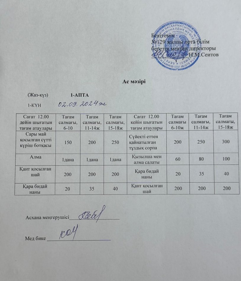 02.09.2024ж Бір  күндік асхана мәзірі