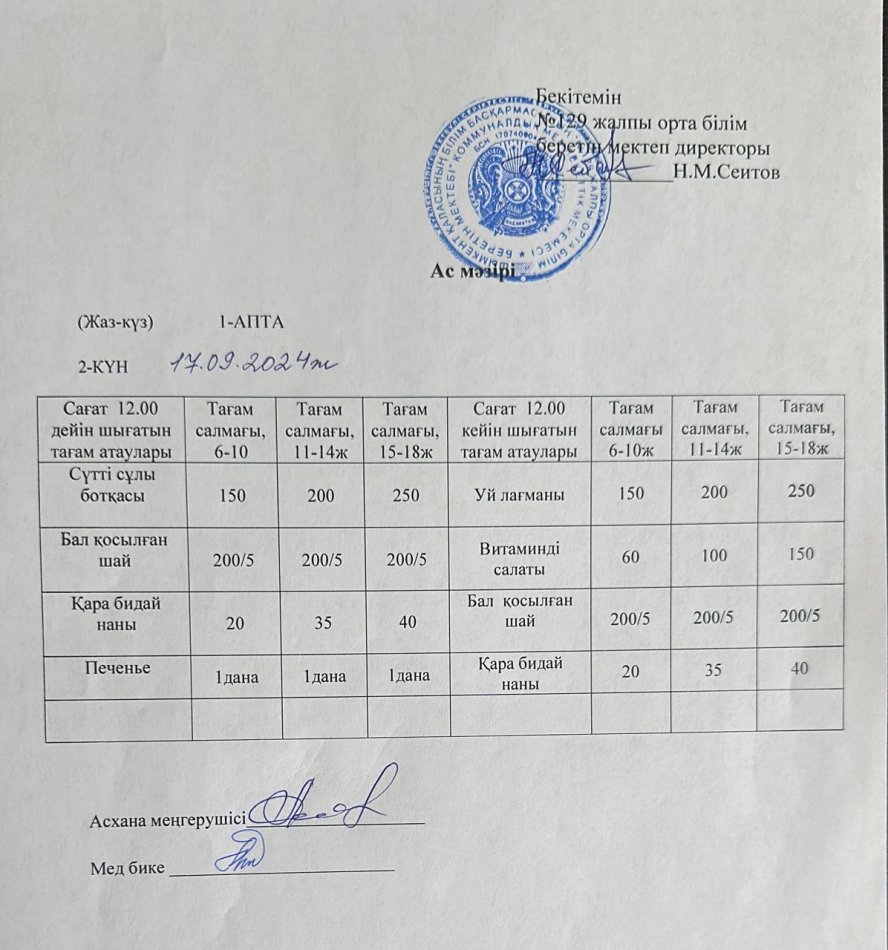 17.09.2024ж. Бір күндік асхана мәзірі