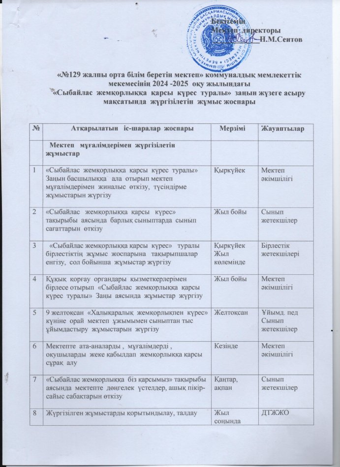 Сыбайлас жемқорлықтың алдын алу жұмыстарының 2024-2025 оқу жылына арналған жоспары